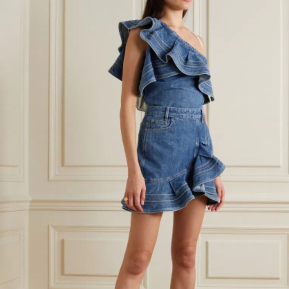 Self-Portrait One Shoulder Ruffle Denim Top Sz. US 4